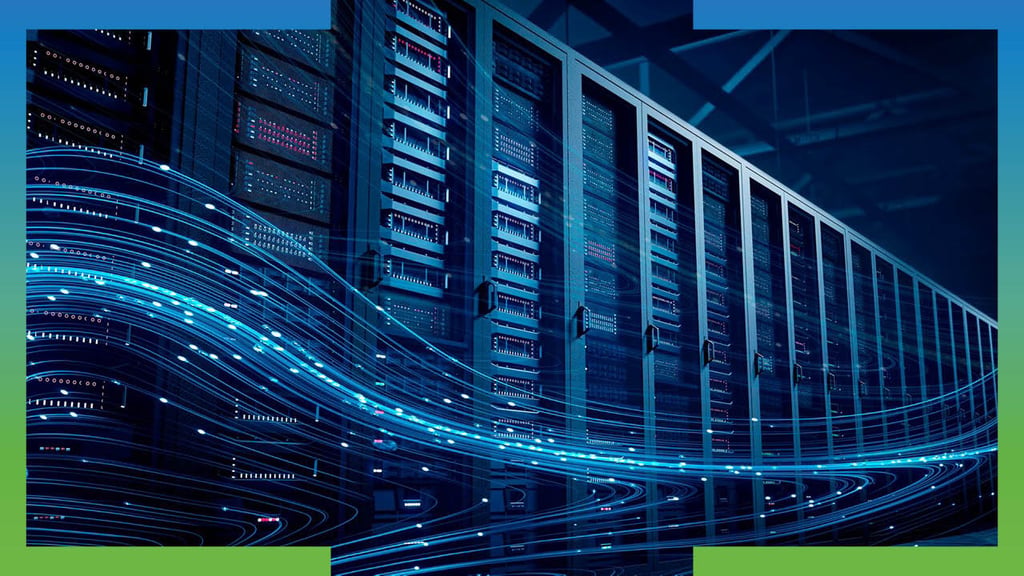 Modern enterprise server room with glowing fiber optic data streams and network hardware storage.