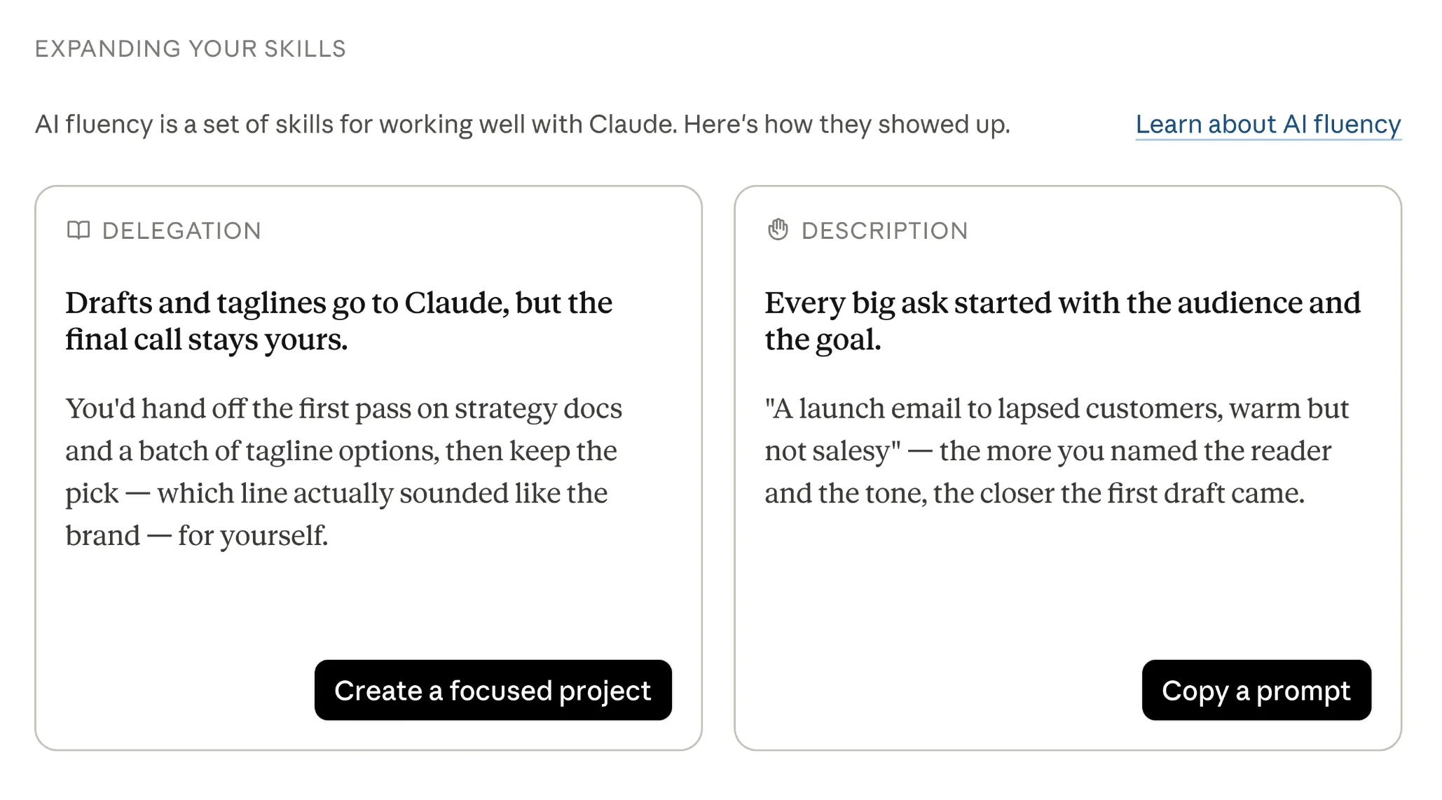 Claude Reflect recommends ways to improve AI fluency, including when to create focused projects or refine prompts.