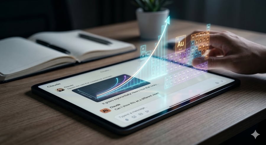 A hand using a tablet with Claude AI and a hologram of the periodic table of elements.