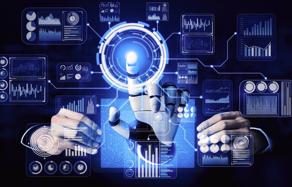 Robotic hand interacting with various analytic graphs and charts
