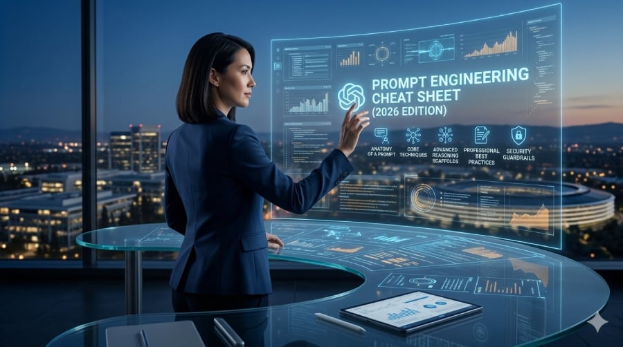 A professional looking woman using the prompt engineering cheat sheet.