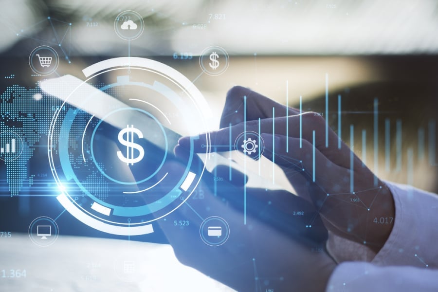 A man using a smartphone with an overlay of dollar sign.