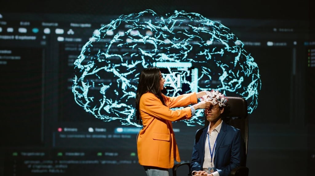Company CEO using summit as platform to launch latest AI EEG headset product. Neuroscientist doing demonstration at forum in front of business leaders interested in artificial intelligence, camera A