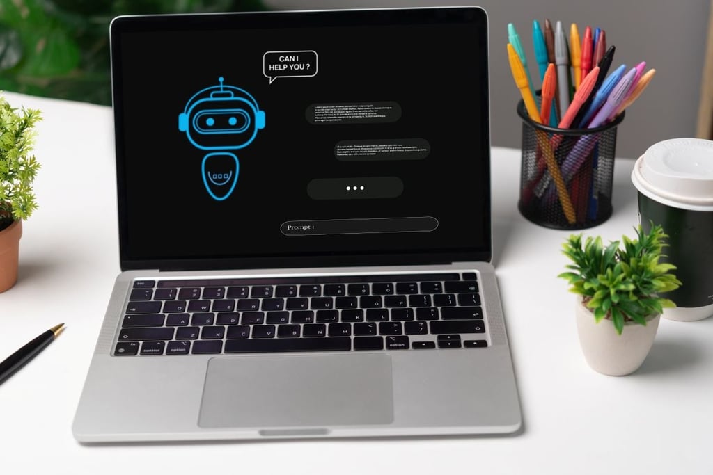 A laptop on a desk with an illustrated robot on the screen next to a speech bubble that says "Can I help you?"