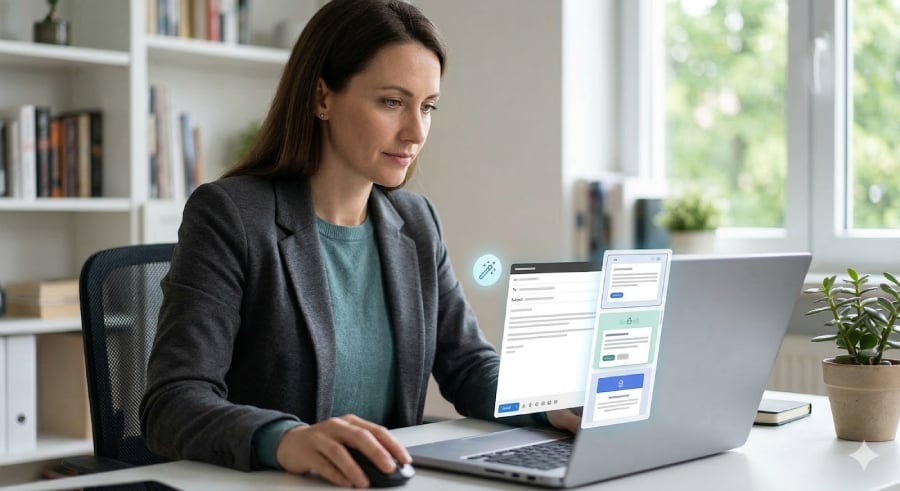 A woman writing an email on her laptop.