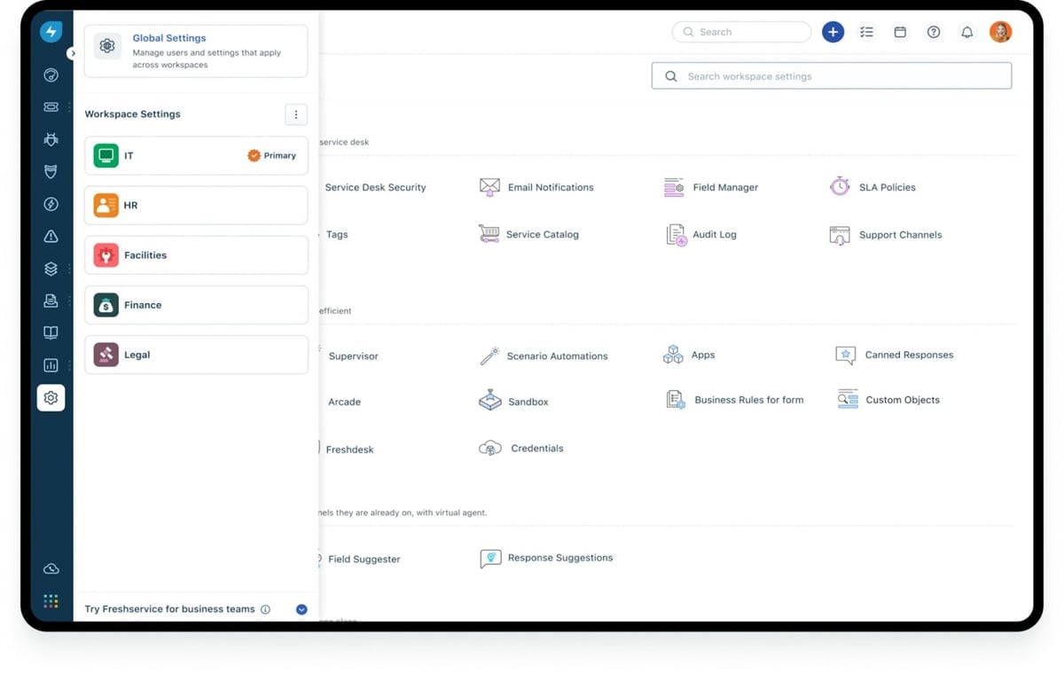 Freshservice business teams dashboard.