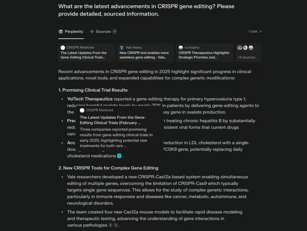 Perplexity helps readers conduct real-time research with detailed, sourced answers that synthesize information from multiple credible sources, enabling a deeper understanding of complex topics.