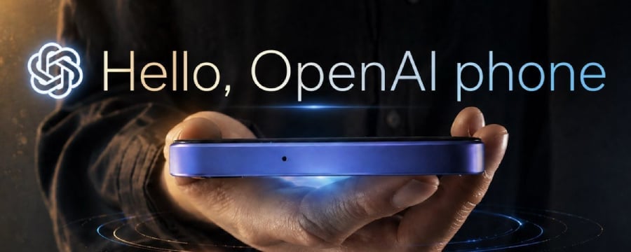 A person holding a phone with the words that says "Hello, OpenAI phone".
