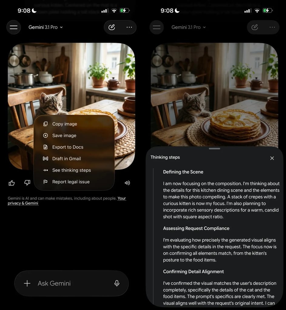 Google Gemini hides the reasoning process behind the overflow menu.