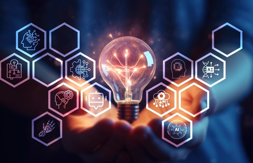 Person holding a light bulb surrounded by AI related icons.