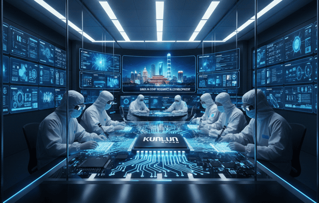 A group of specialists on a clean suit working on a chip labeled Kunlun.
