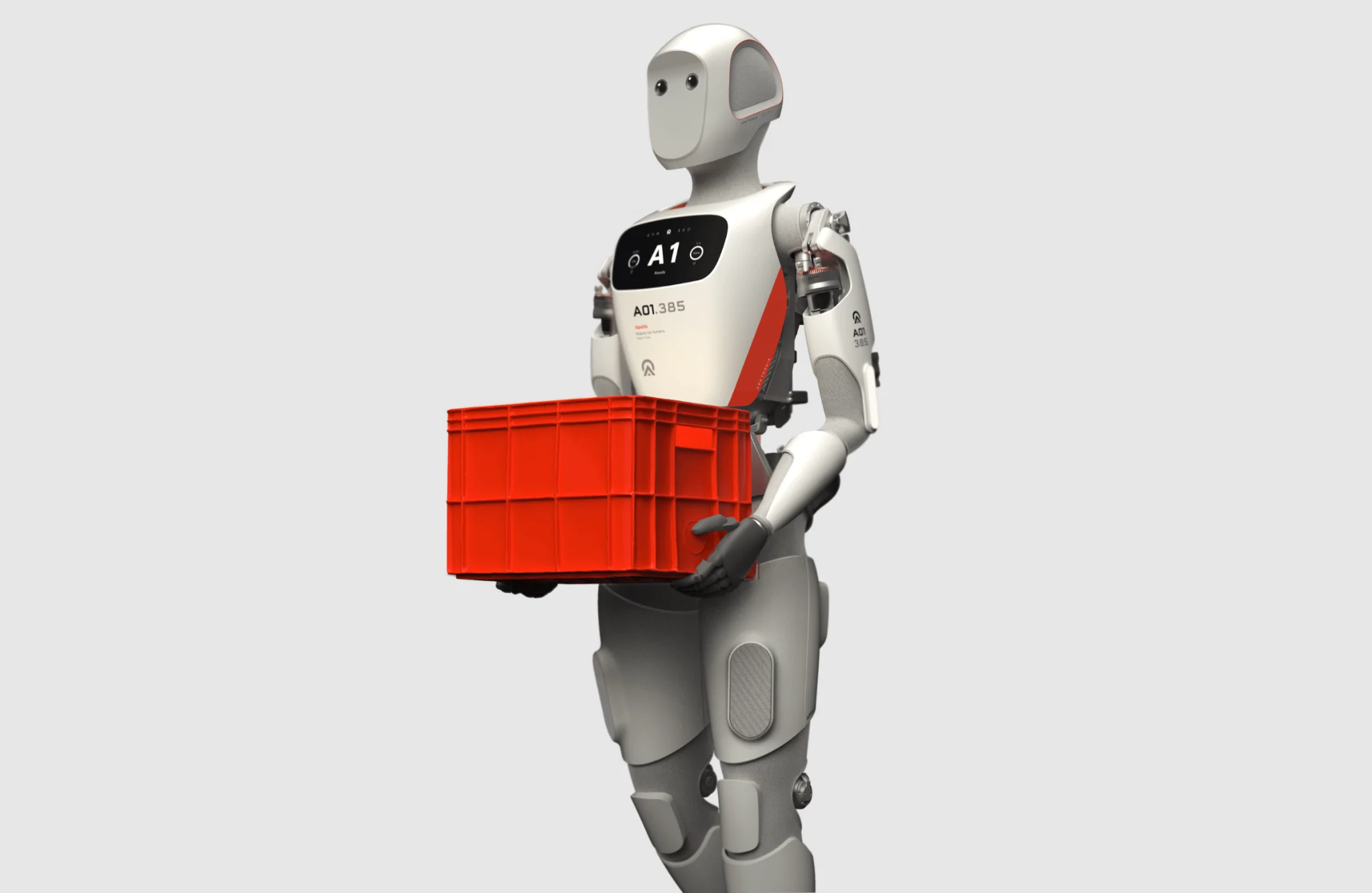 Apptronik Apollo holding a red crate.