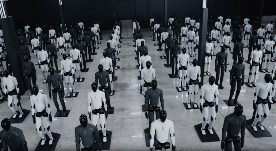 A huge number of AI humanoid robots standing inside a room.