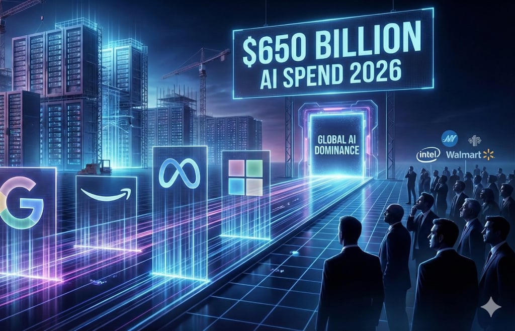 Futuristic city with tech logos and a digital sign reading '$650 Billion AI Spend 2026' and 'Global AI Dominance,' illustrating the massive scale of enterprise AI task management investment.