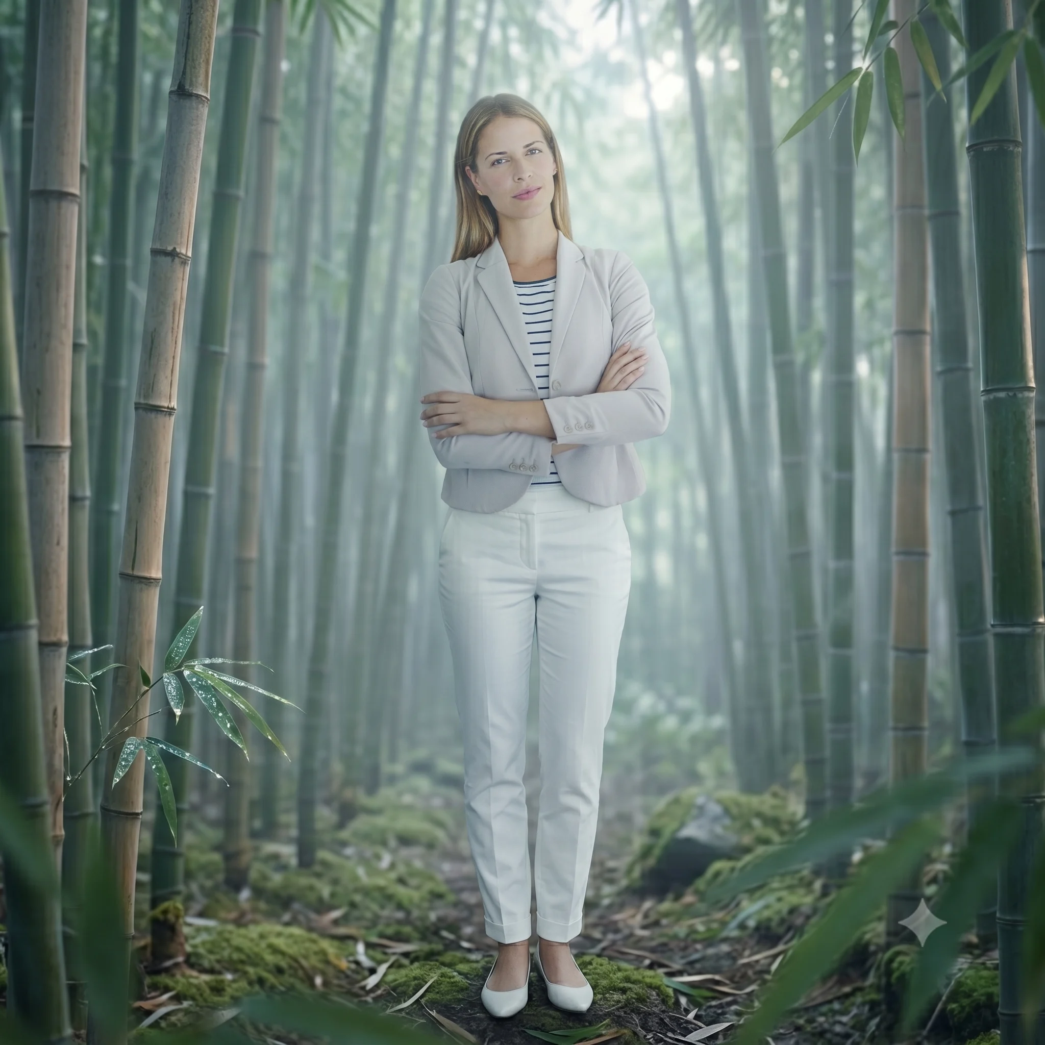 A woman in casual wear with bamboo forest in the background.