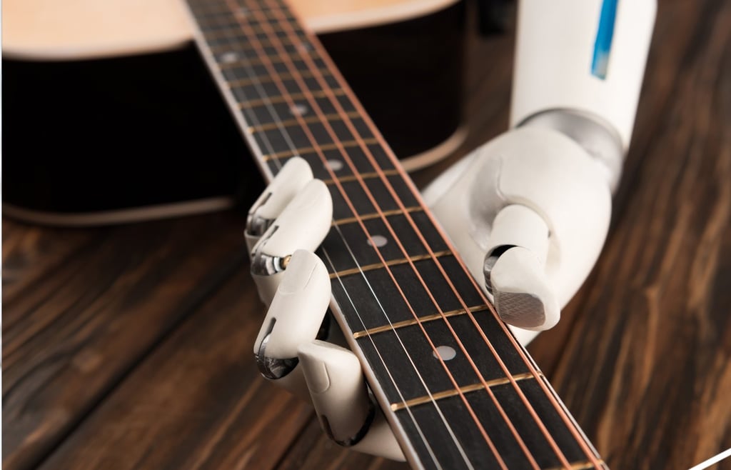 cropped shot of robot playing guitar over wooden surface
