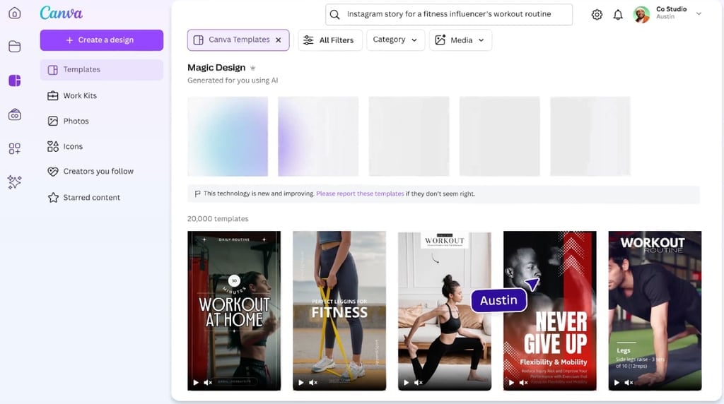 Choose from Canva’s wide range of templates or simply type a prompt to create designs for your social media posts, Pinterest pins, invitations, mugs, and more.