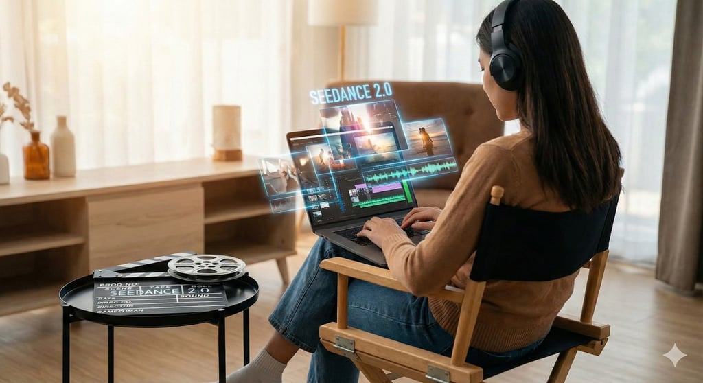 A woman using Seedance 2.0 on her laptop.