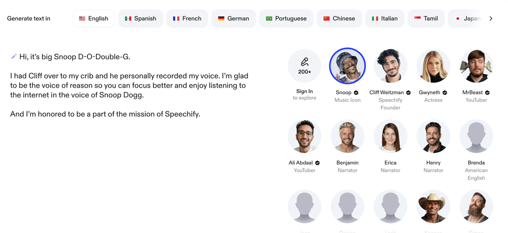 Speechify converts text into natural-sounding audio narrated by celebrity voices, making it easy to listen to books, articles, and web content on the go.