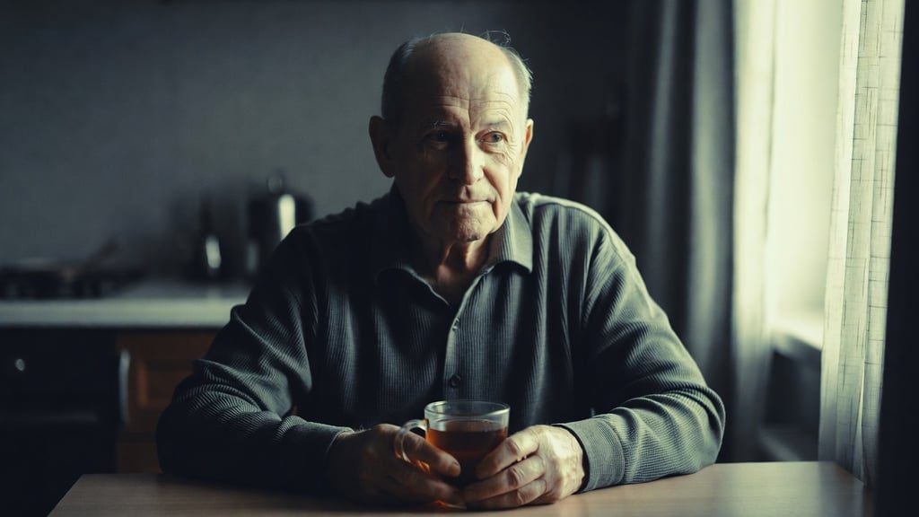 An elderly man sitting alone at a kitchen table early in the morning, both hands wrapped around a mug of tea.
