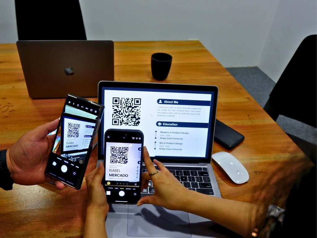 Job interviewers scanning a QR code for the resume of an applicant.