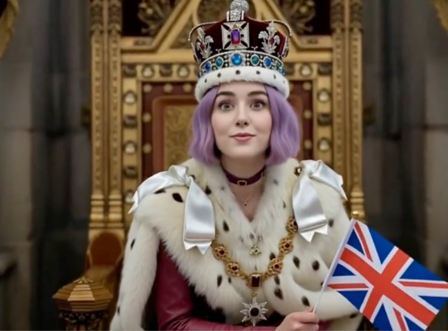 AI generated image of a woman wearing a crown and holding a UK flag.