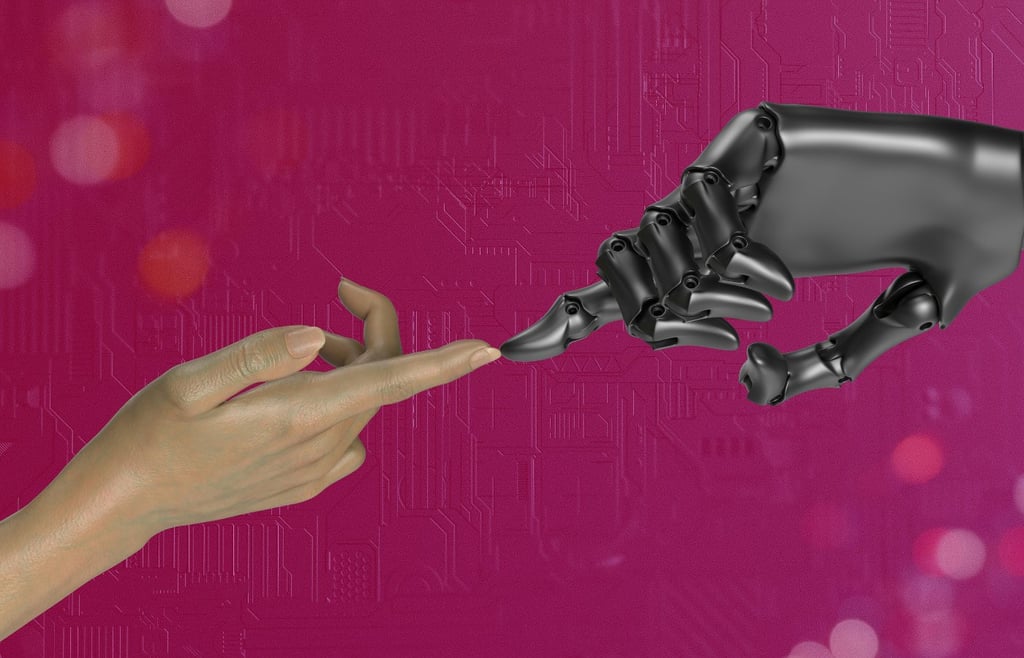 two hands touching each other in front of a pink background