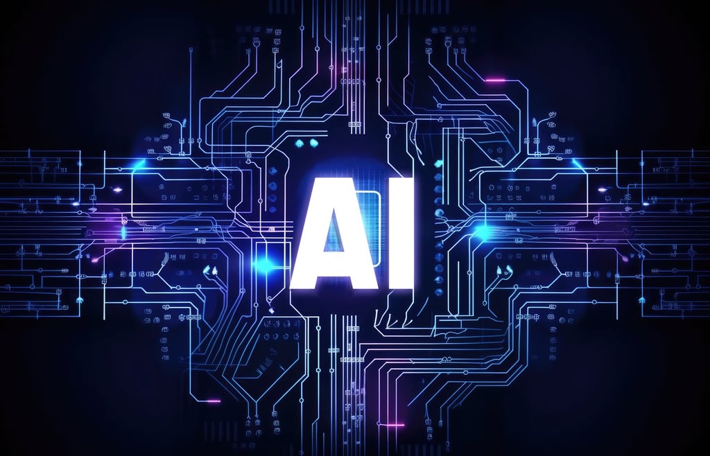 Illuminated AI inscription embedded on a circuit grid.