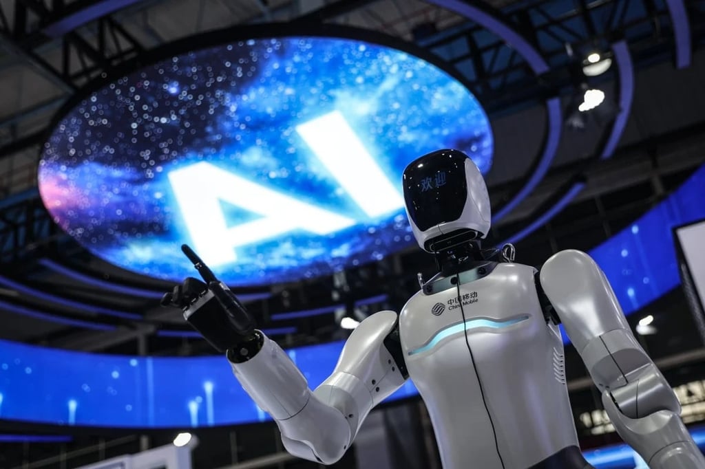 A humanoid robot pointing upward with AI written in the background.