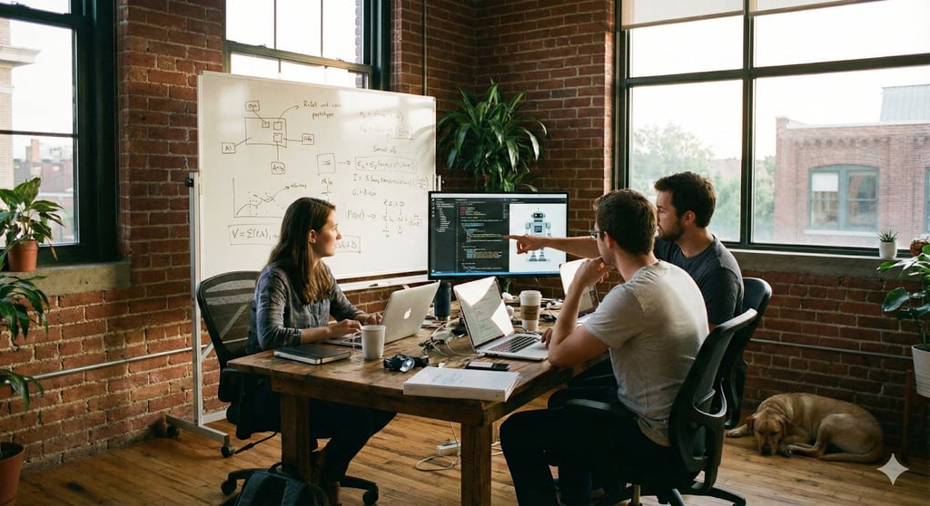 Employees of an AI company discussing and brainstorming ideas inside the office.
