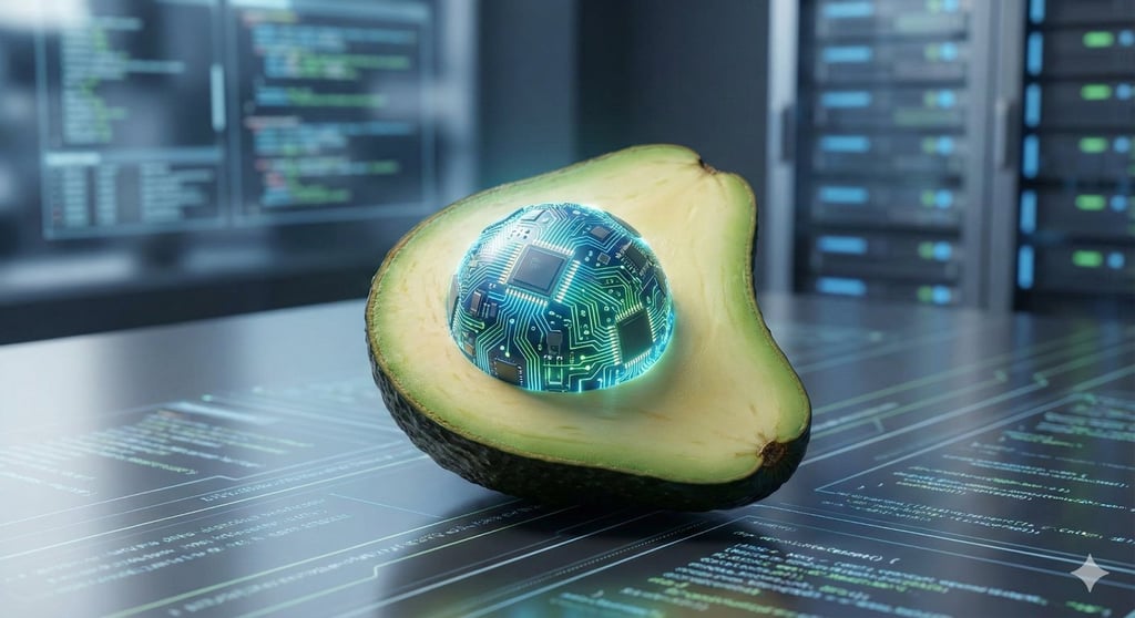 AI-generated image of an avocado with a seed that represents a microchip.