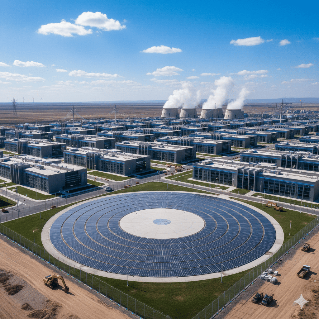 Large-scale data center construction site with solar arrays under a clear sky.