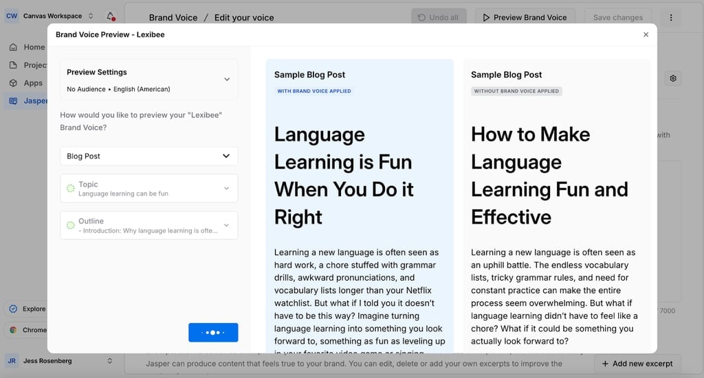 Jasper's Brand Voice tool lets you maintain consistent tone and style across all your content by applying your unique voice to any piece you create.