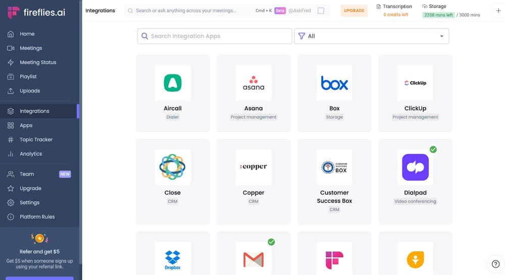 Fireflies integrations page.