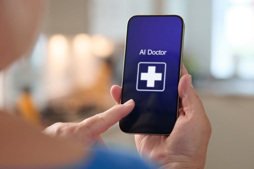 Stock photo of someone holding a mobile phone with the wording AI Doctor displayed.