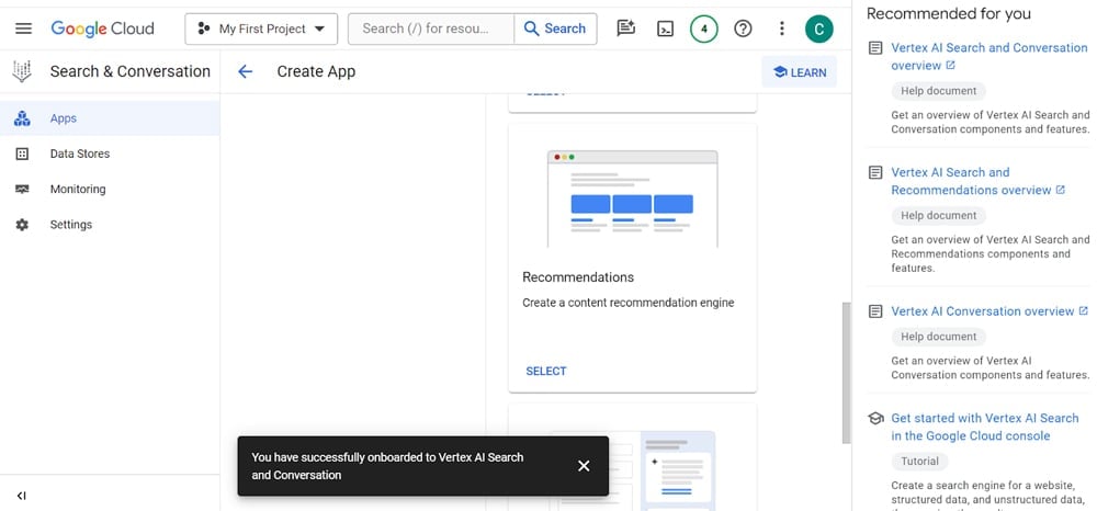 Choosing what type of app to create in Search and Conversation.