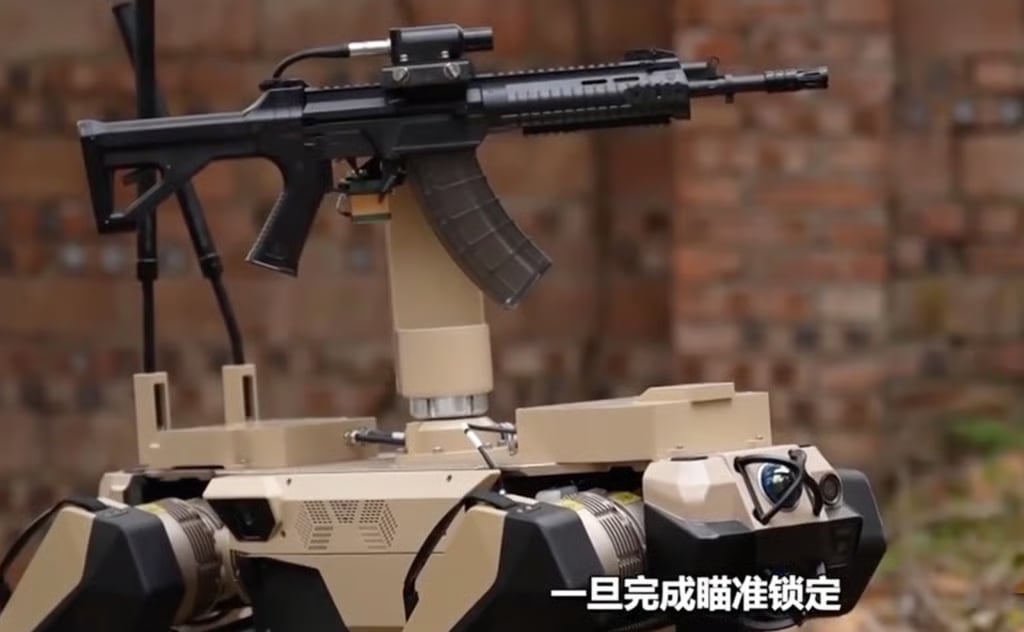 Close-up of a Chinese People's Liberation Army "Robot Wolf" equipped with a mounted QBZ-191 assault rifle during an urban combat drill.