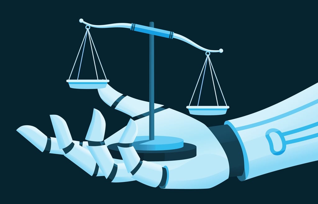 Robot arm and balance scale illustration.