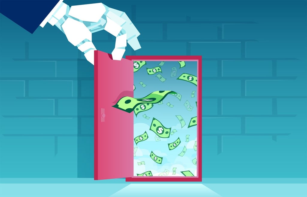 Vector of a robot hand opening a door of financial opportunities.