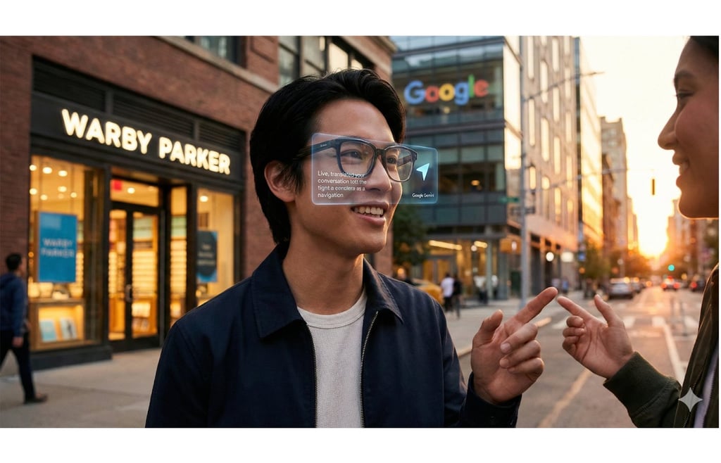 Man wearing Google AR smart glasses that display live translation captions in an urban outdoor setting.