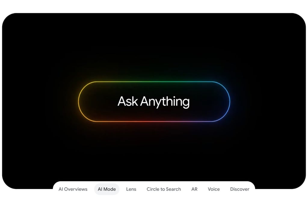 Screenshot of the Google Search AI Mode mobile interface with a colorful "Ask Anything" prompt.