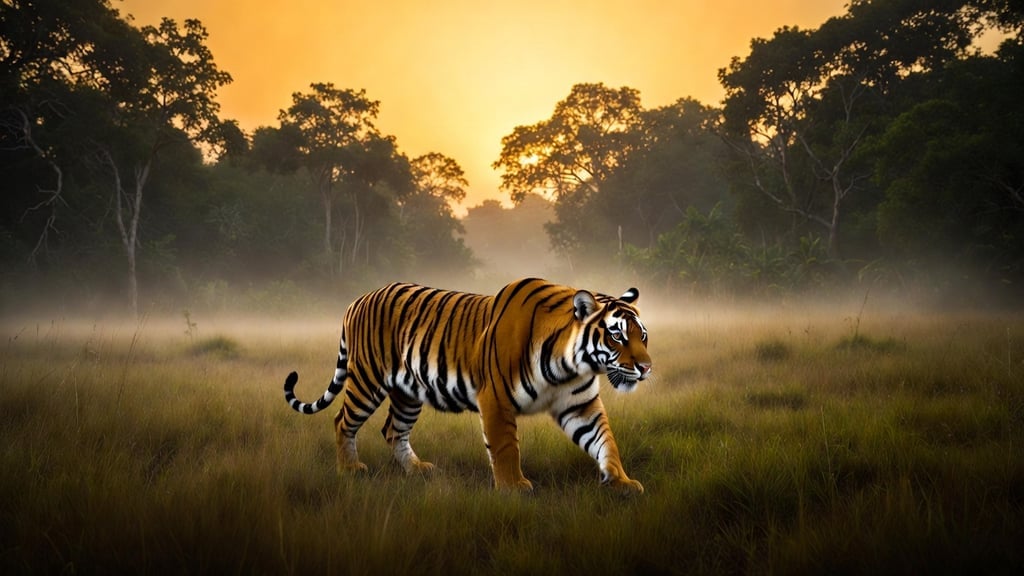 A majestic tiger walking through tall jungle grass at sunrise, golden light filtering through the trees, morning mist drifting across the ground, dramatic wildlife photography.
