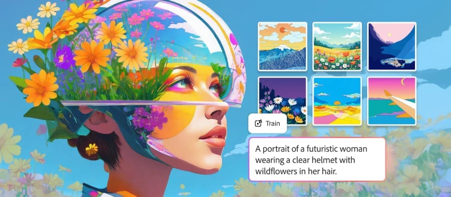 Adobe AI image generation prompt of a futuristic woman wearing a clear helmet with wildflowers on her hair.