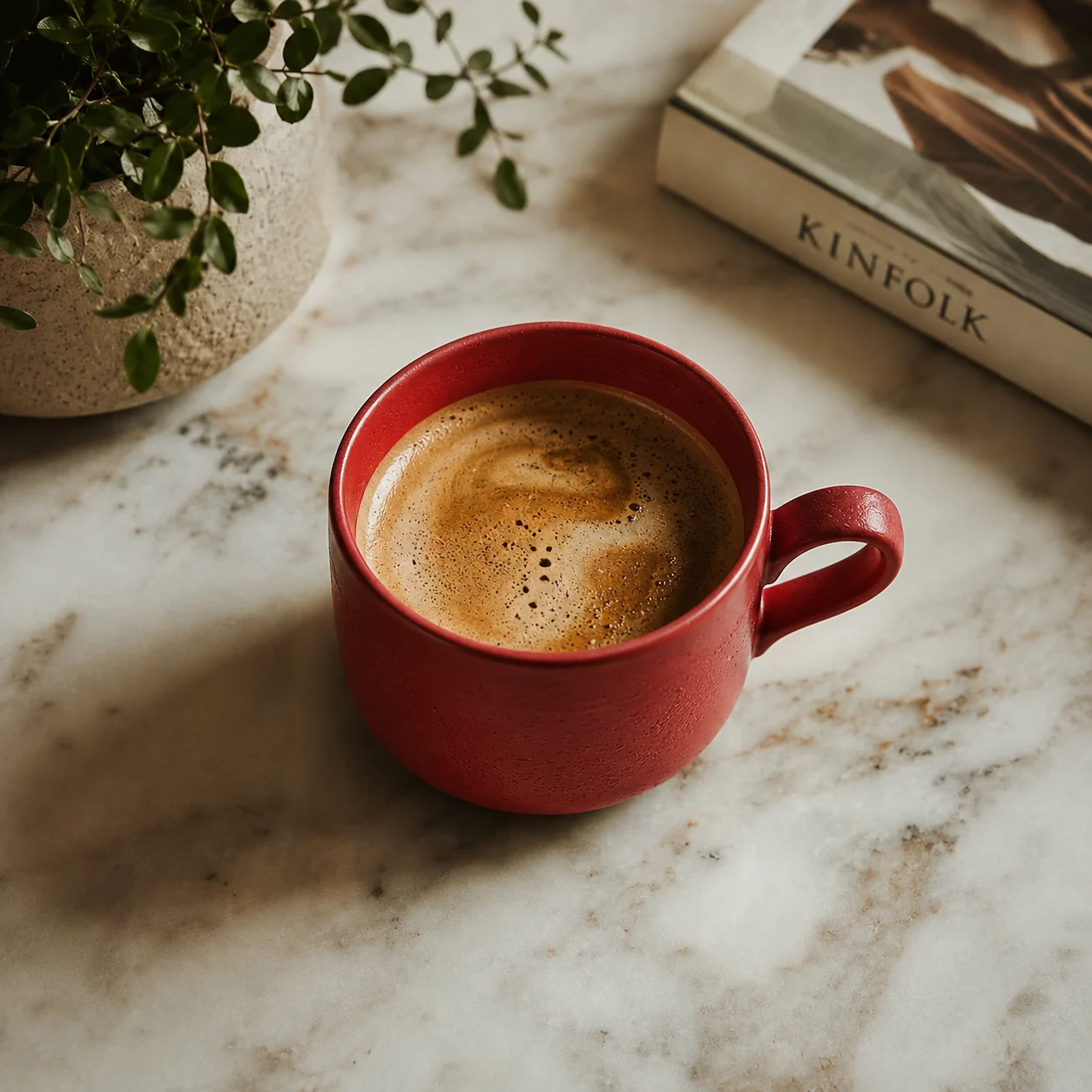 A red cup of coffee.