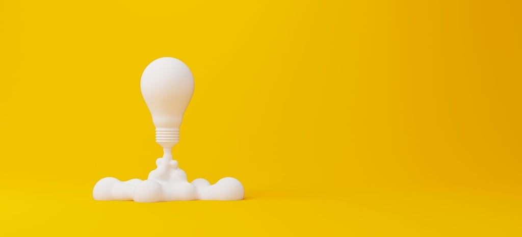 A 3D illustration of a white light bulb shaped like a rocket launching, with smoke clouds at its base, on a solid yellow background.