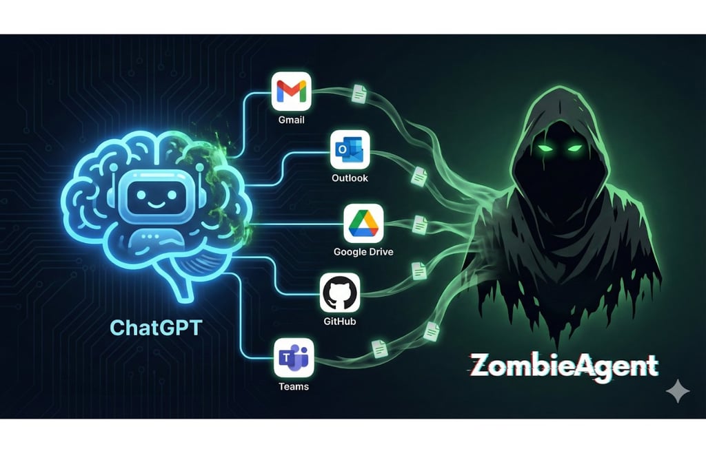 "ZombieAgent" AI agent vulnerability discovered by Radware security researchers, depicted as a hooded hacker figure (ZombieAgent) connecting to various AI services (ChatGPT) and enterprise applications (Gmail, Outlook, Google Drive, GitHub, Teams) via neural pathways.
