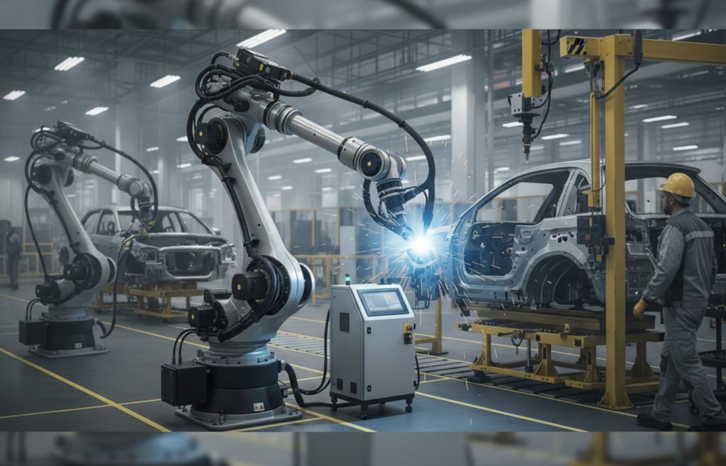 Automated robotic arms welding car parts on an automotive assembly line with a human worker overseeing the process.