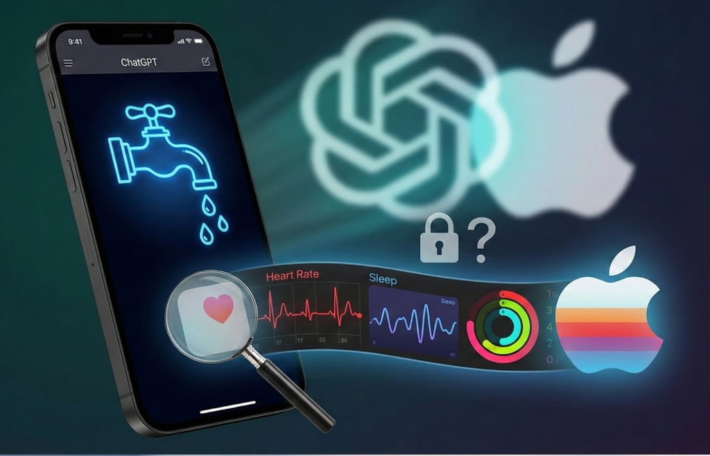 Apple iPhone displaying health data like heart rate and sleep patterns, magnified by a loupe, next to a generic lock icon and the logos for OpenAI and Apple, representing data privacy concerns over the Apple Intelligence and ChatGPT integration.