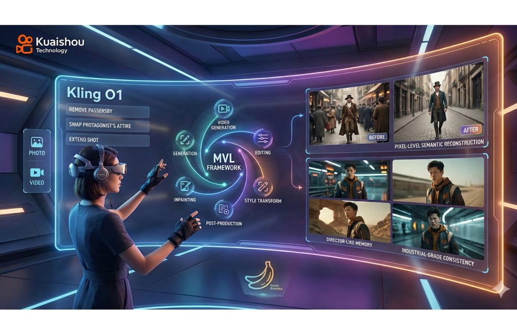 Kuaishou Kling 01 unified multimodal AI video generation and editing platform interface, demonstrated by a woman in a VR headset. The image displays the platform's key features and results, including removing passersby, swapping attire, extending shots, and maintaining "industrial-grade consistency" using the MVL framework for professional film and social media applications.