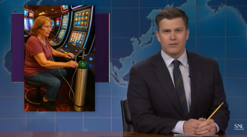 A screenshot of Saturday Night Live host next to an ai-generated image of a woman sitting at a casino slot machine.